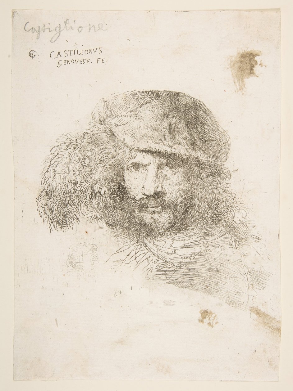 رأس رجل يرتدي قبعة ذات ريش ربما برنيني ، ربما صورة ذاتية ... ، كاليفورنيا. 1645-1650. بواسطة جيوفاني بينيديتو كاستيجليون