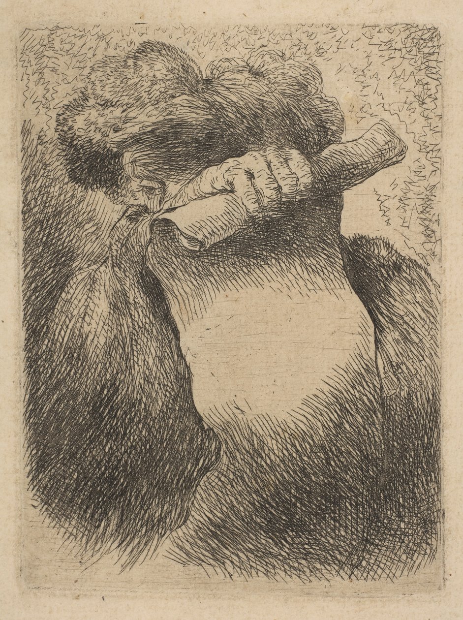 رجل يمسك لفيفة أمام وجهه ، من سلسلة رؤوس صغيرة في أوريان ... ، كاليفورنيا. 1645-50. بواسطة جيوفاني بينيديتو كاستيجليون