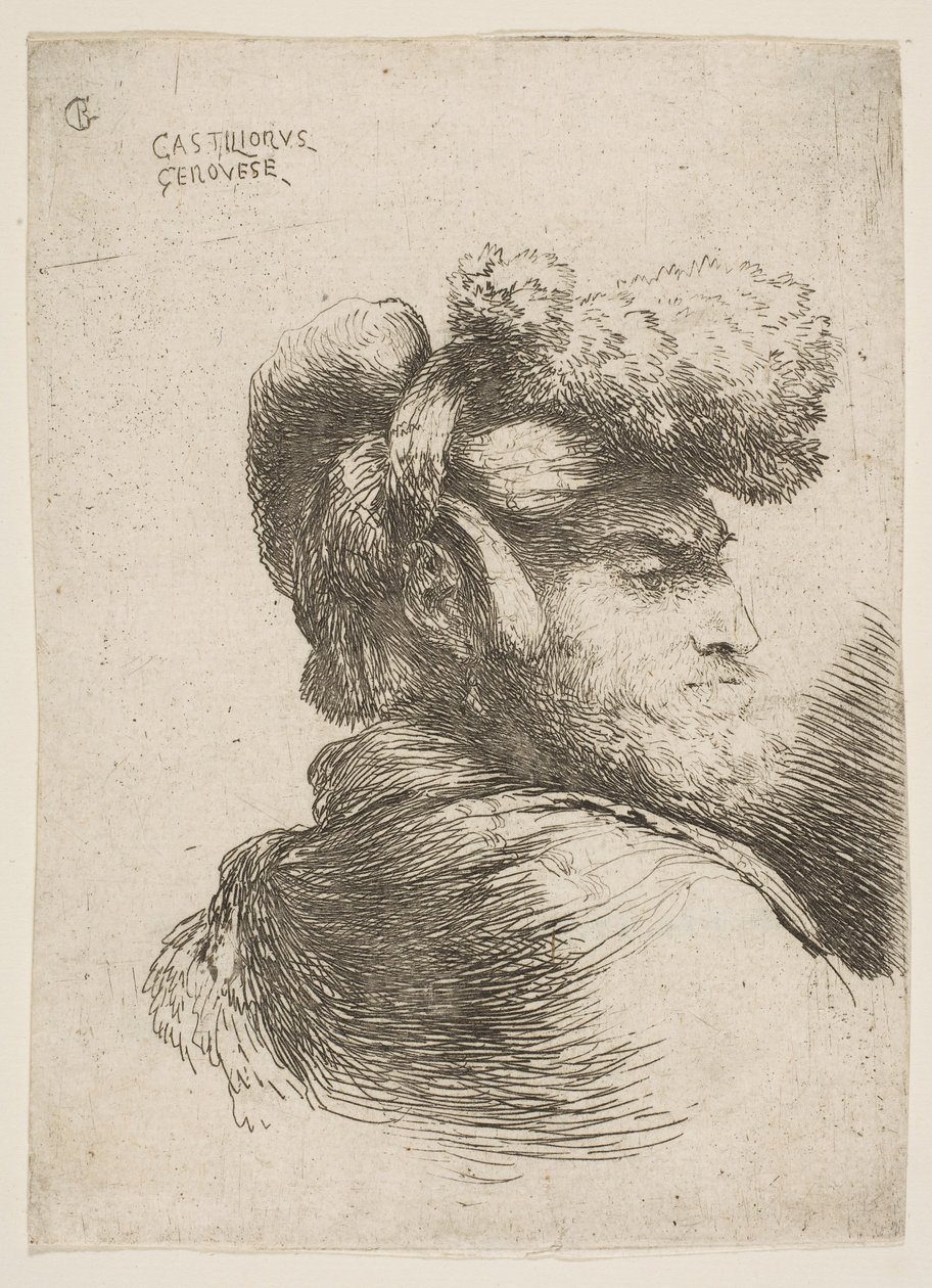 رجل في صورة جانبية يواجه اليمين ، يرتدي قبعة من الفرو ، من سلسلة من Small Heads in Or ...، ca. 1645-1650. بواسطة جيوفاني بينيديتو كاستيجليون