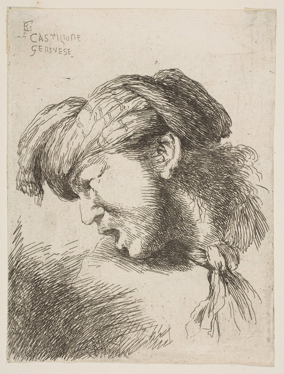رجل يرتدي عمامة ، ربطة عنق مثبتة حول عنقه ، ويواجه اليسار ، من سلسلة ... ، 1645-1650. بواسطة جيوفاني بينيديتو كاستيجليون