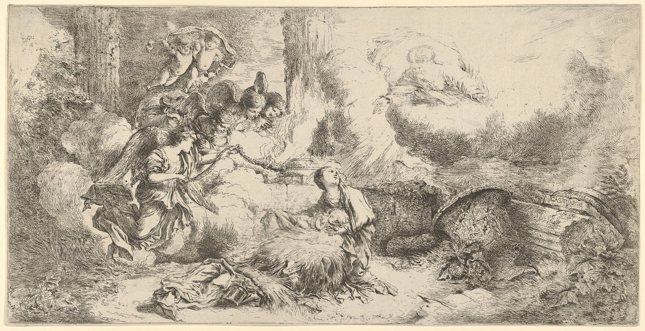 الميلاد مع الله الآب والملائكة ، كاليفورنيا. 1647-50. بواسطة جيوفاني بينيديتو كاستيجليون