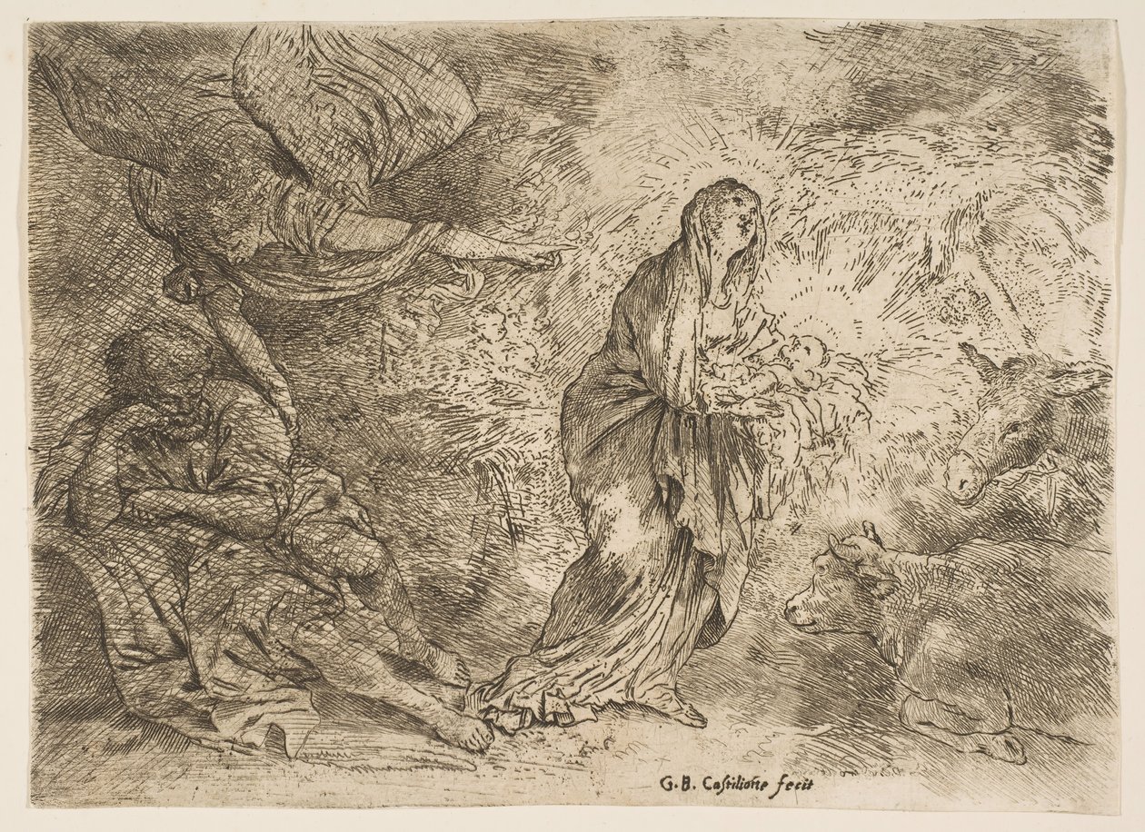 الملاك يوقظ يوسف على حضور العذراء والطفل ، كاليفورنيا. 1645-49. بواسطة جيوفاني بينيديتو كاستيجليون