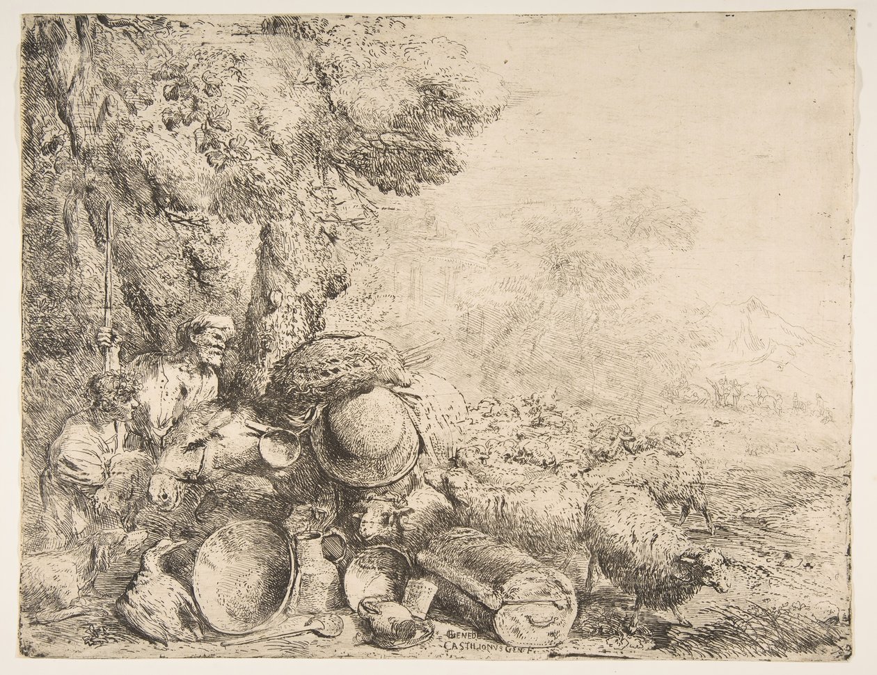 اثنين من الرعاة ، حمار وحيوانات أخرى في المناظر الطبيعية ، كاليفورنيا. 1638-1640. بواسطة جيوفاني بينيديتو كاستيجليون