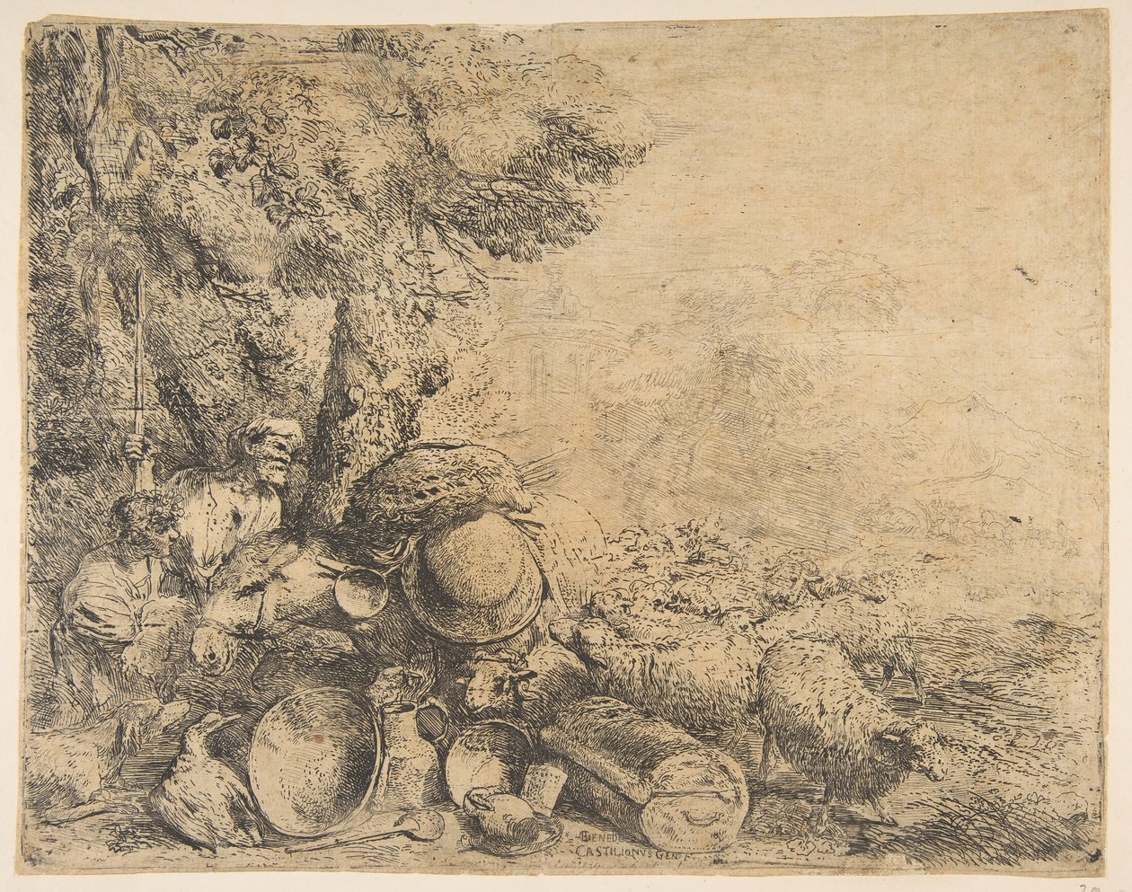 اثنين من الرعاة ، حمار وحيوانات أخرى في المناظر الطبيعية ، كاليفورنيا. 1638-1640. بواسطة جيوفاني بينيديتو كاستيجليون