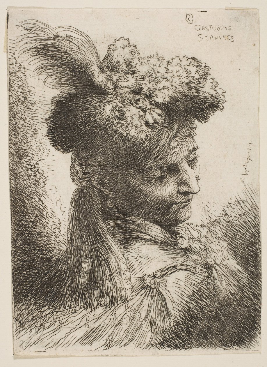 شاب يواجه ثلاثة أرباع اليمين يرتدي غطاء رأس من الفرو مع عمود ، جوهرة ... ، كاليفورنيا. 1645-1650. بواسطة جيوفاني بينيديتو كاستيجليون