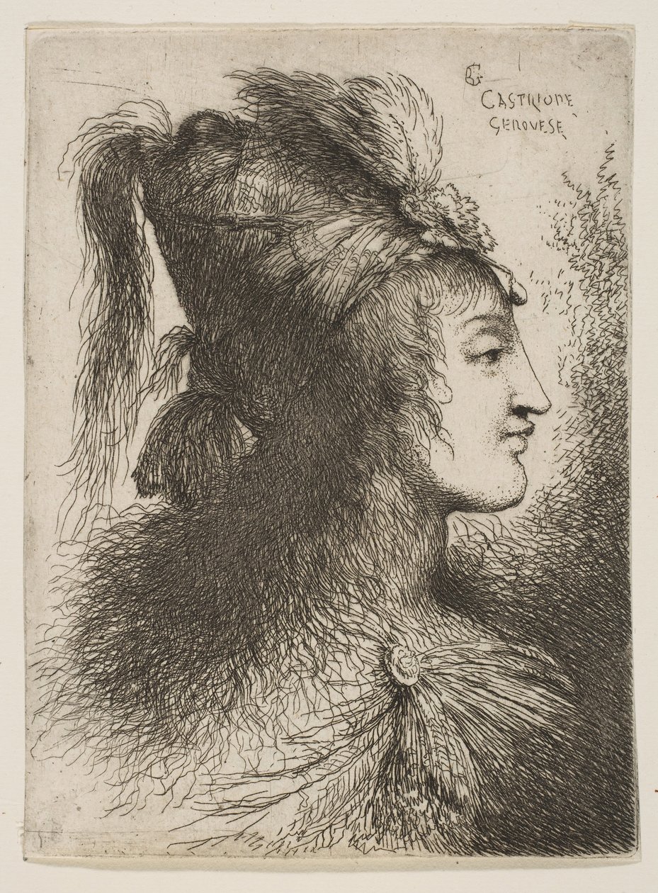 شاب يرتدي عمامة مرقطة ، يواجه اليمين ، من سلسلة رؤوس صغيرة ... ، كاليفورنيا. 1645-1650. بواسطة جيوفاني بينيديتو كاستيجليون