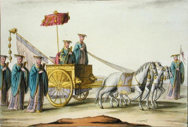 إمبراطور سلالة عتيقة في عربته ، اللوحة 13 من "Le Costume Ancien et Moderne" بقلم Jules Ferrario ، نُشرت حوالي 1820s-30s (لون ليثو) بواسطة جيوفاني بيجاتي