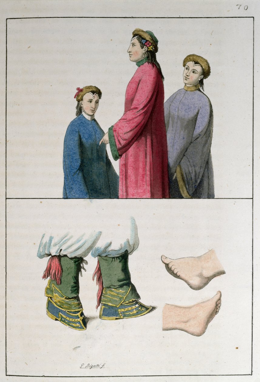 أقدام النساء الصينيات ، رسم توضيحي من "Le Costume Ancien et Moderne" لجول فيراريو ، نُشر في ميلانو عام 1819 بواسطة جيوفاني بيجاتي