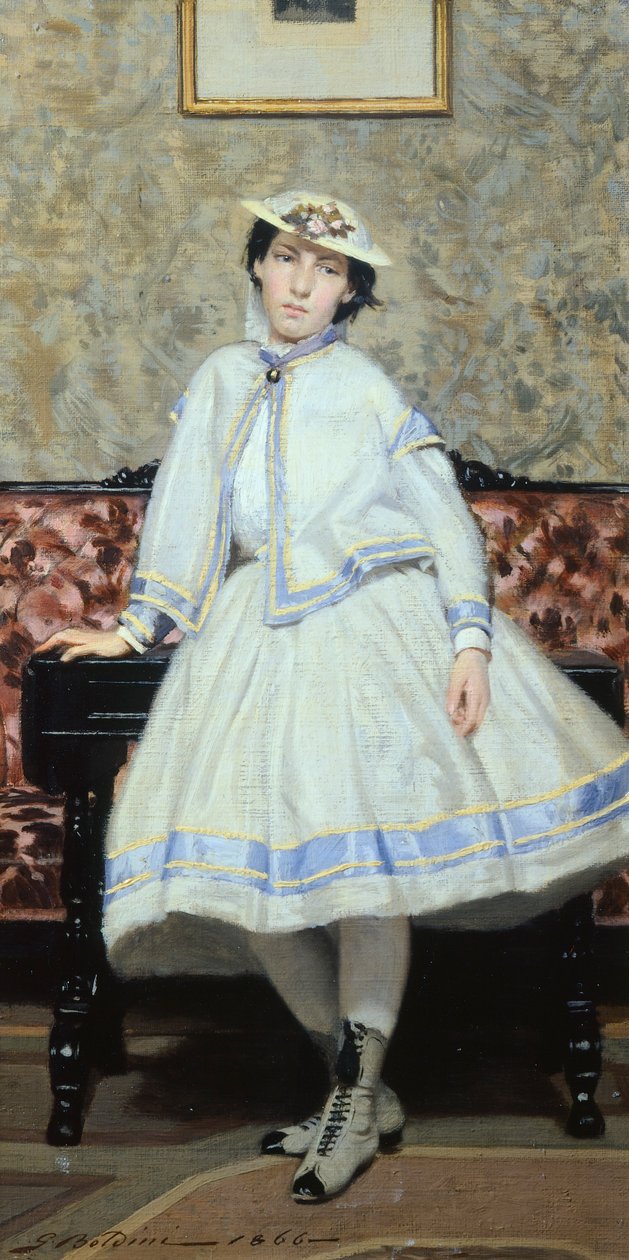 Alaide Banti in white by Giovanni Boldini (1842-1931), oil on canvas, 42x23 cm بواسطة جيوفاني بولديني