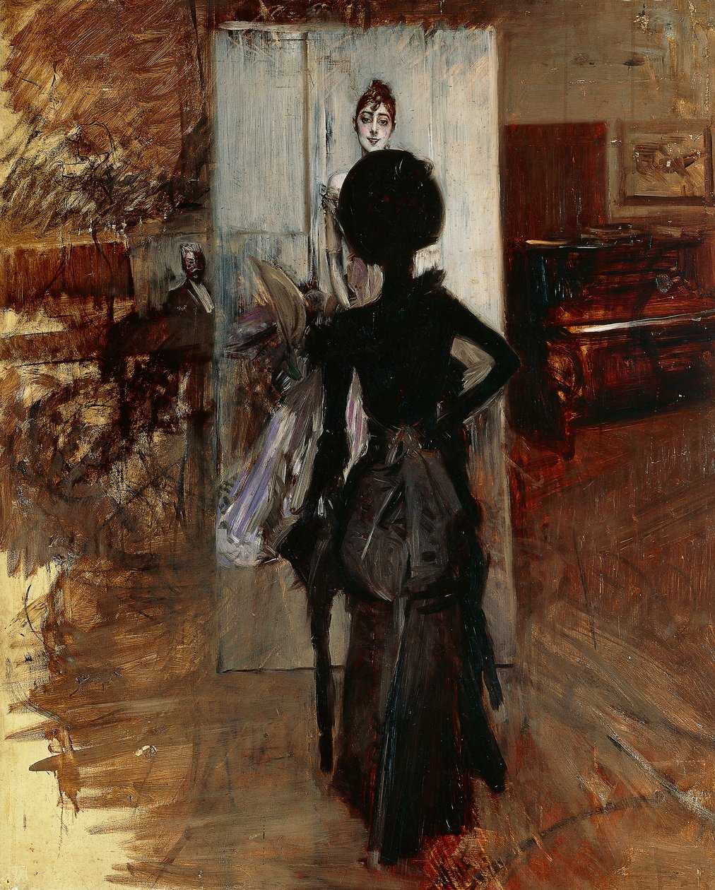 Lady in studio of painter facing White Pastel by Giovanni Boldini (1842-1931) بواسطة جيوفاني بولديني