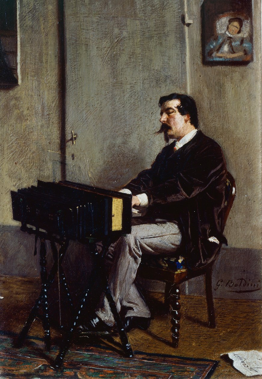 Painter Cristiano Banti at harmonium by Giovanni Boldini (1842-1931), oil on canvas, 28x19 cm بواسطة جيوفاني بولديني