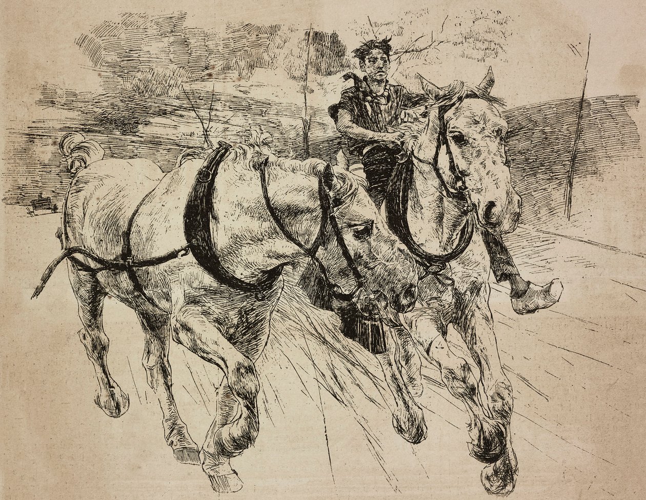 Reinforcement carriage horses, engraving from original drawing by Giovanni Boldini, from his painting, from L