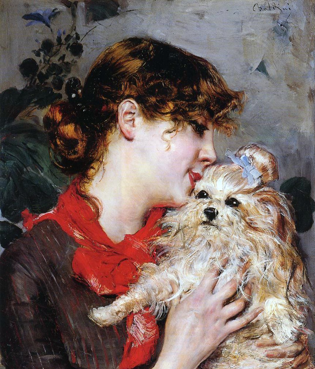 The actress Rejane and her dog, c.1885 (oil on panel) بواسطة جيوفاني بولديني