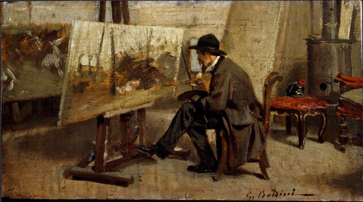الرسام جيوفاني فاتوري في ورشته اللوحة المنسوبة إلى جيوفاني بولديني (1842-1931) 1863-1869 صن. مجموعة ميلان الخاصة 13x24 سم بواسطة جيوفاني بولديني