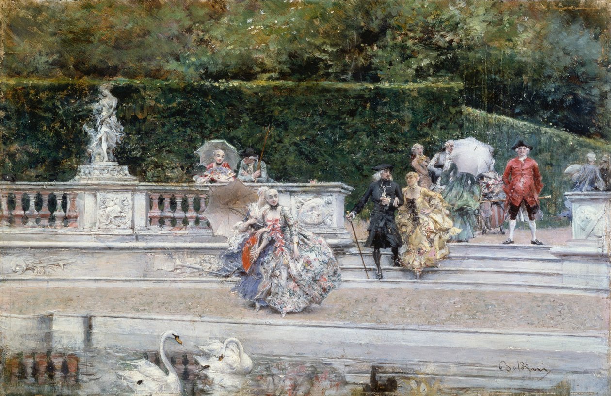 View of garden of Versailles with people dressed in eighteenth century clothing, by Giovanni Boldini (1842-1931), oil on panel بواسطة جيوفاني بولديني
