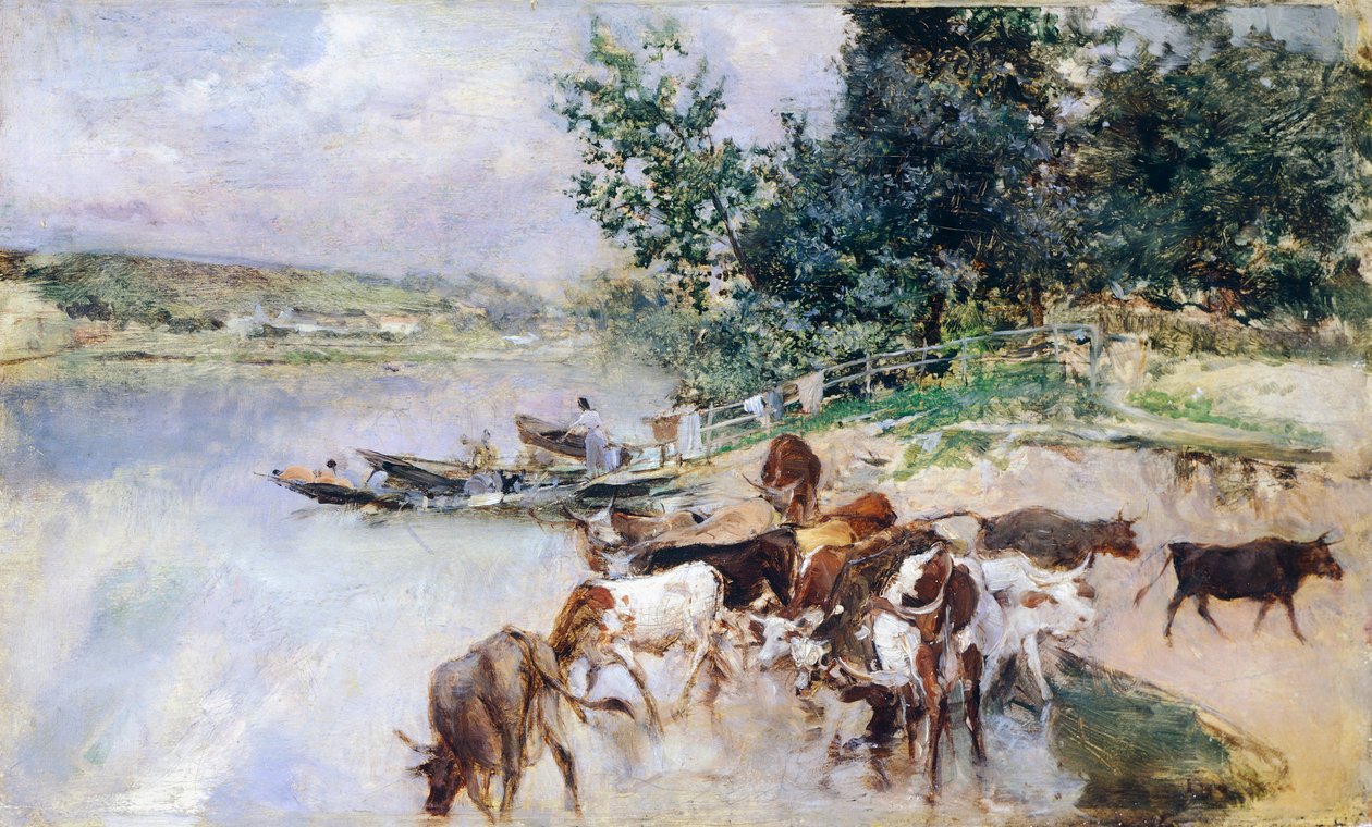 Watering of cattle on Seine, by Giovanni Boldini (1842-1931) بواسطة جيوفاني بولديني