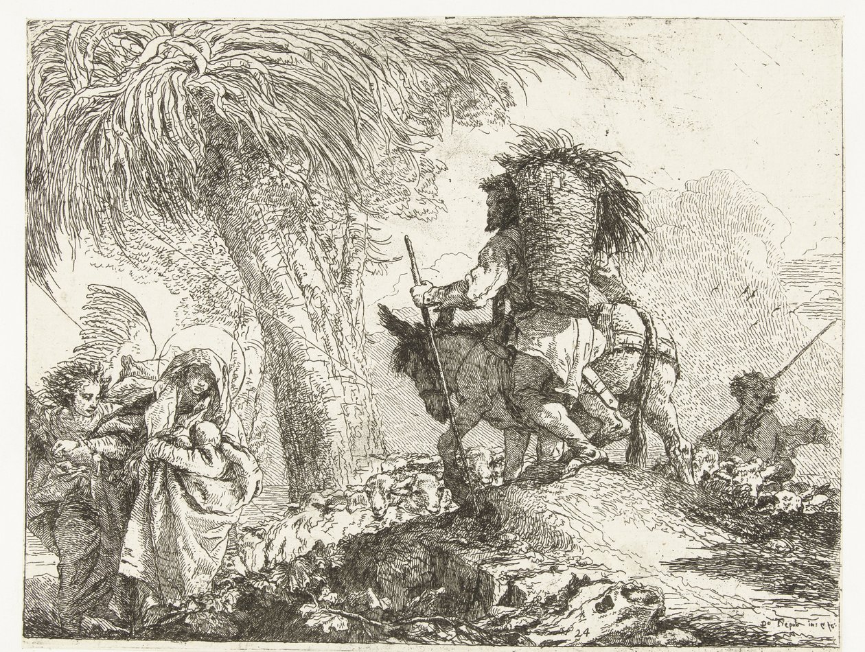 مريم والطفل يدعمهما الملاك ويوسف يقودان حمارًا وراء الراعي مع الغنم رحلة إلى مصر (عنوان المسلسل) فكرة الخلابة سوبرا لا فوجا في Egitto (عنوان المسلسل) بواسطة جيوفاني دومينيكو تيبولو