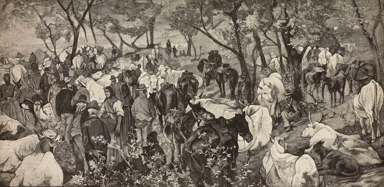 السوق في توسكان أبينيني ، نقش من لوحة لجيوفاني فاتوري (1825-1908) ، من L