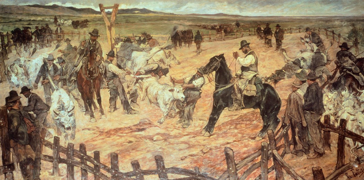 تعليم الثيران الصغيرة في ماريما بواسطة جيوفاني فاتوري (1825-1908) ، زيت على قماش ، 885 سم × 175 بواسطة جيوفاني فاتوري