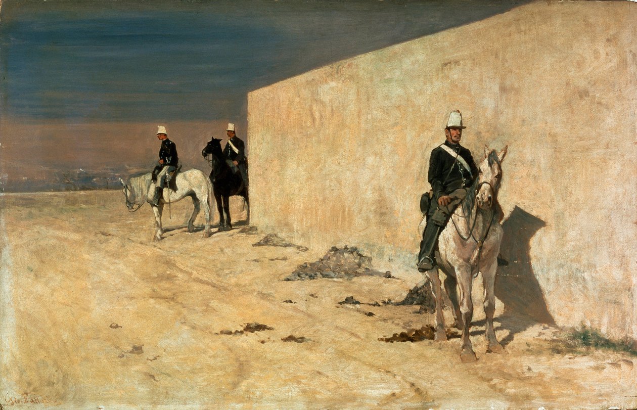 The lookout (The white wall) Horsemen standing guard before a white wall in the desert. Painting by Giovanni Fattori (1825-1908) بواسطة جيوفاني فاتوري
