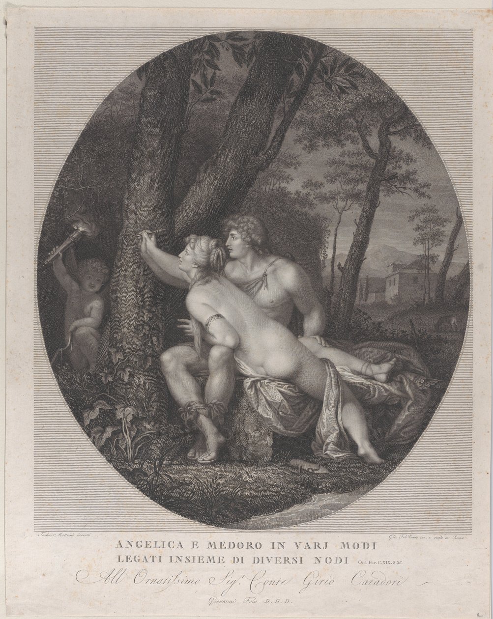 حشيشة الملاك مستلقية عبر حضن ميدورو وتكتب أسمائها على جذع شجرة ، 1784-1836. بواسطة جيوفاني فولو