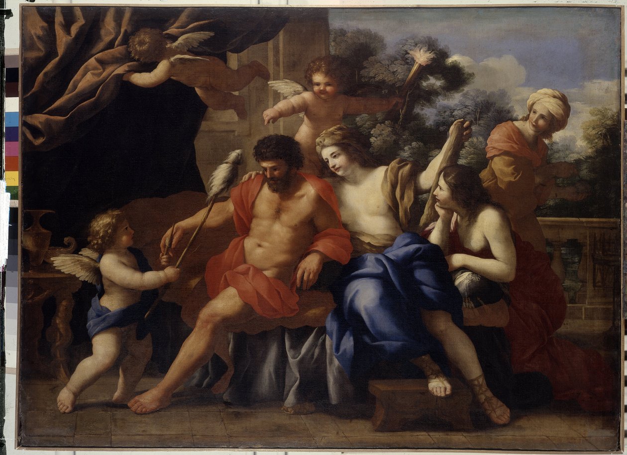 هرقل و Omphale (هرقل و Omphale). لوحة لجيوفاني فرانشيسكو رومانيلي (1610-1662) ، زيت على قماش ، حوالي 1650. الفن الإيطالي بواسطة جيوفاني فرانشيسكو رومانيلي