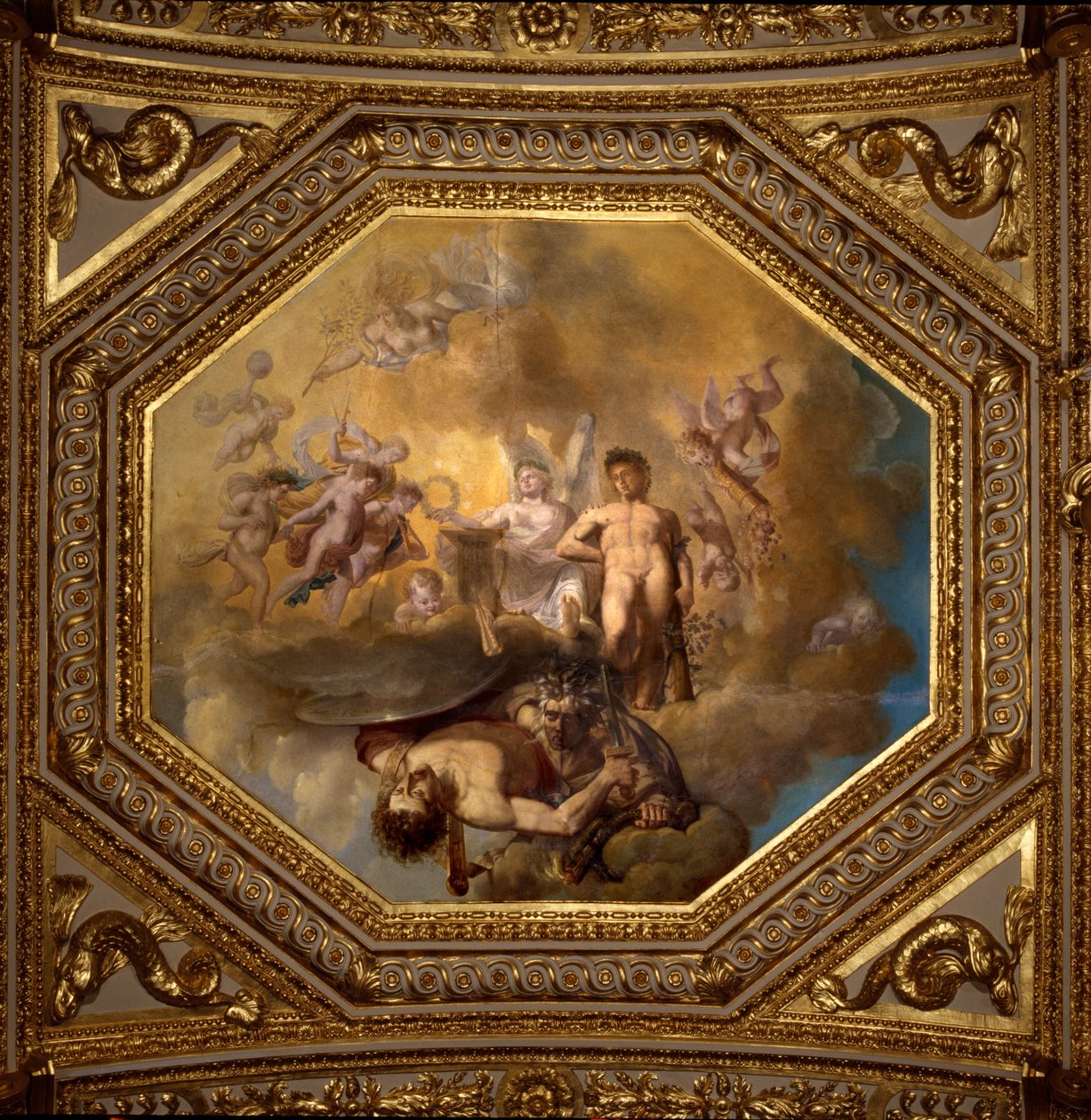 بيرسي يقتل ميدوز. لوحة لجيوفاني رومانيلي (1601-1662) تزين سقف القاعة الأنطونية ، غرفة نوم الشقق الصيفية للملكة آن ملكة النمسا (1601-1666). حوالي 1655-1658. باريس ، متحف اللوفر. بواسطة جيوفاني فرانشيسكو رومانيلي