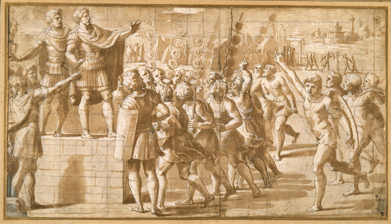 The Emperor Constantine, addressing his troops, startled by the vision of the Cross in the sky (pen & brown ink with brown wash and heightening) بواسطة جيوفاني فرانشيسكو (1488-1528) بيني