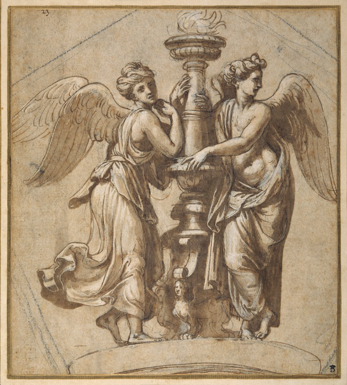 Victories embracing a candelabrum (pen & brown ink with black chalk on paper) بواسطة جيوفاني فرانشيسكو (1488-1528) بيني
