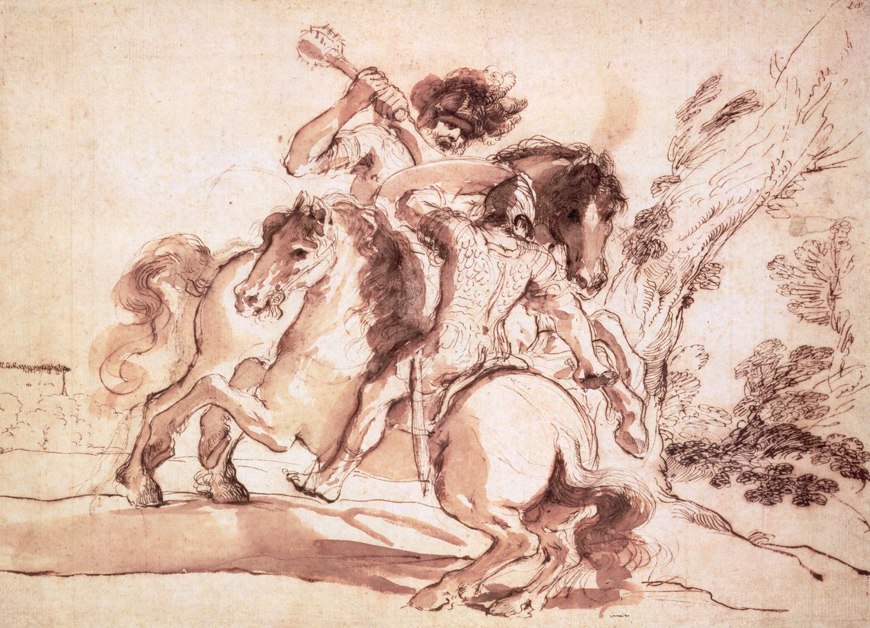 اثنين من فرسان القتال (قلم وحبر وغسل على الورق) بواسطة جيوفاني فرانشيسكو باربيري (Il Guercino)