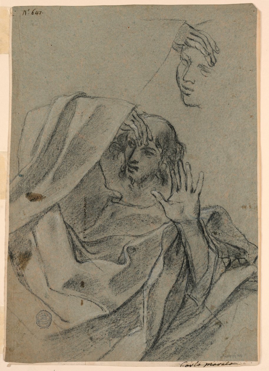 رسم الدراسات مع وجه المرأة والرجل متكئ ، واليد اليمنى مع الساعد بواسطة جيوفاني فرانشيسكو باربيري (Il Guercino)