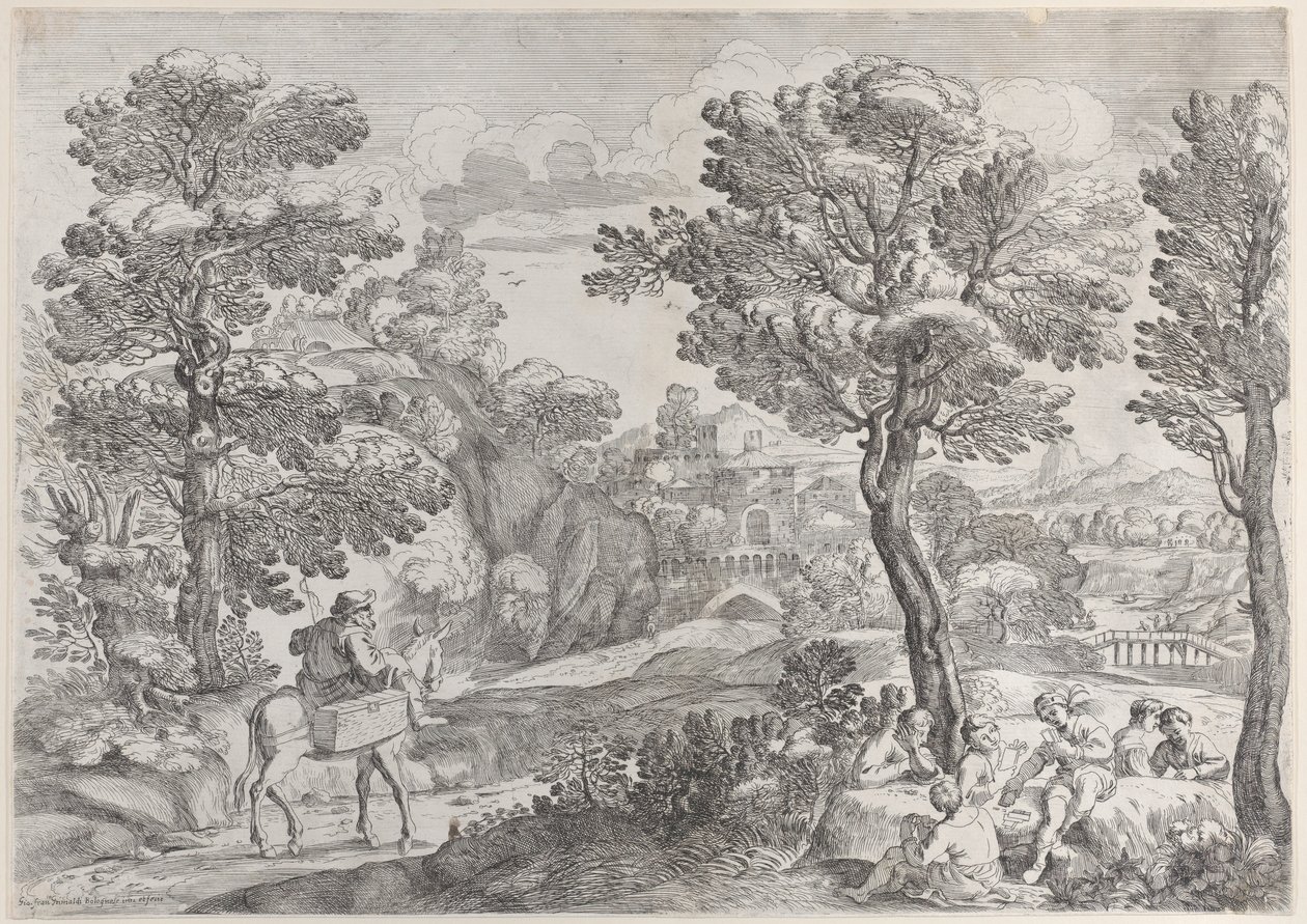مجموعة من الأشخاص يلعبون الورق إلى اليمين ورجل يمتطي حصانًا إلى اليسار ، 1626-80. بواسطة جيوفاني فرانشيسكو جريمالدي