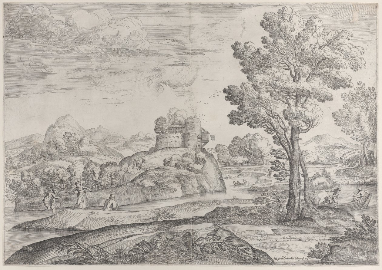 منزل فوق صخرة مستديرة في الوسط ، أناس في النهر وفي الزوارق ، 1626-80. بواسطة جيوفاني فرانشيسكو جريمالدي