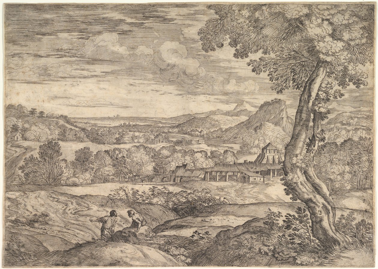 منظر طبيعي مع مصنع طوب في الوسط ، رجل واقف في المقدمة ص ... ، 1626-80. بواسطة جيوفاني فرانشيسكو جريمالدي