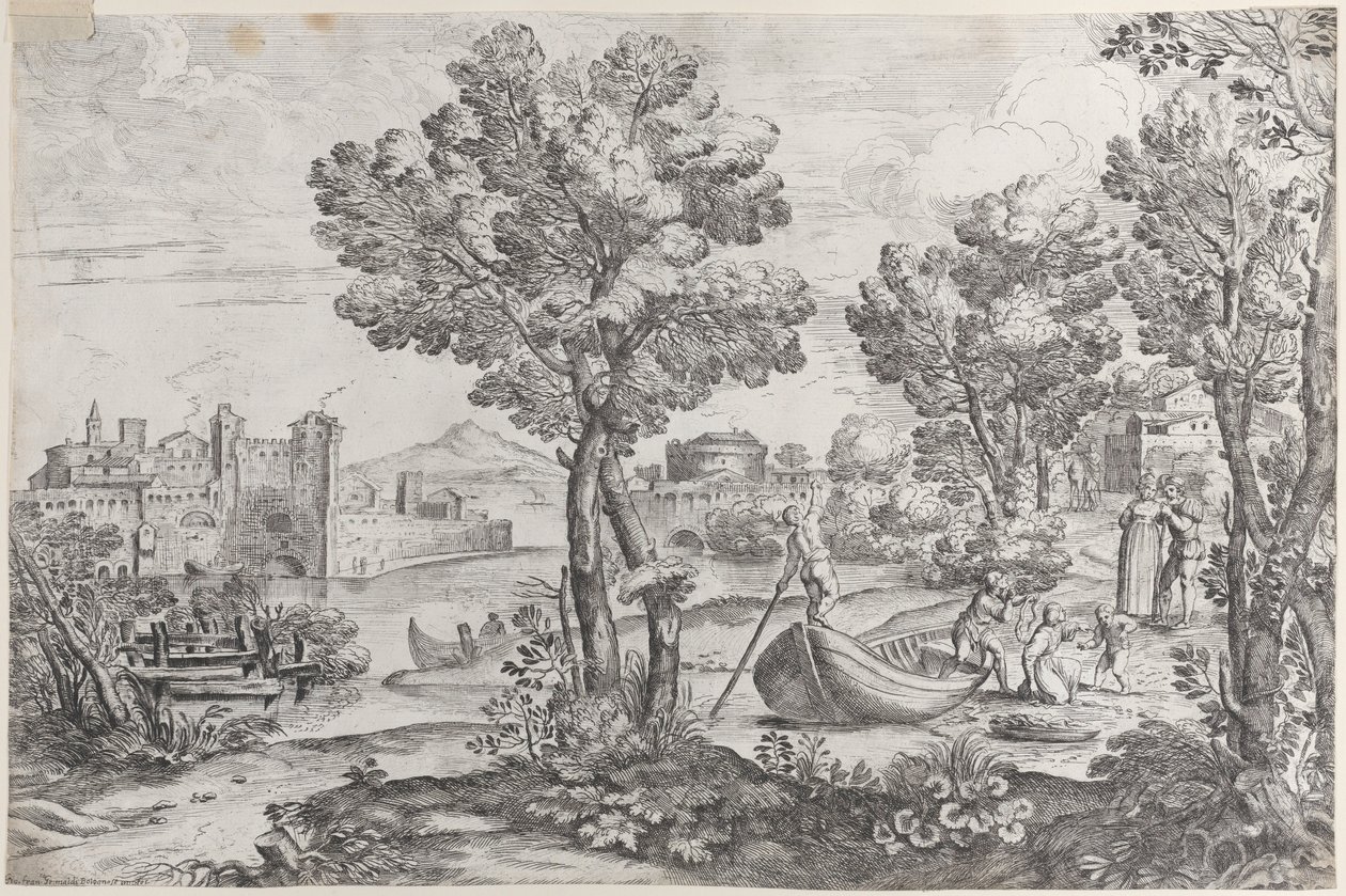 منظر طبيعي مع رجل يحمل ثعبانًا لطفل مرعوب ، شاهده دري بشكل عصري ... ، 1626-80. بواسطة جيوفاني فرانشيسكو جريمالدي