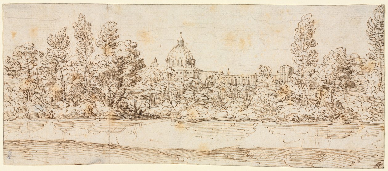 منظر طبيعي للنهر مع إطلالة على كاتدرائية القديس بطرس ، بعد عام 1660. بواسطة جيوفاني فرانشيسكو جريمالدي