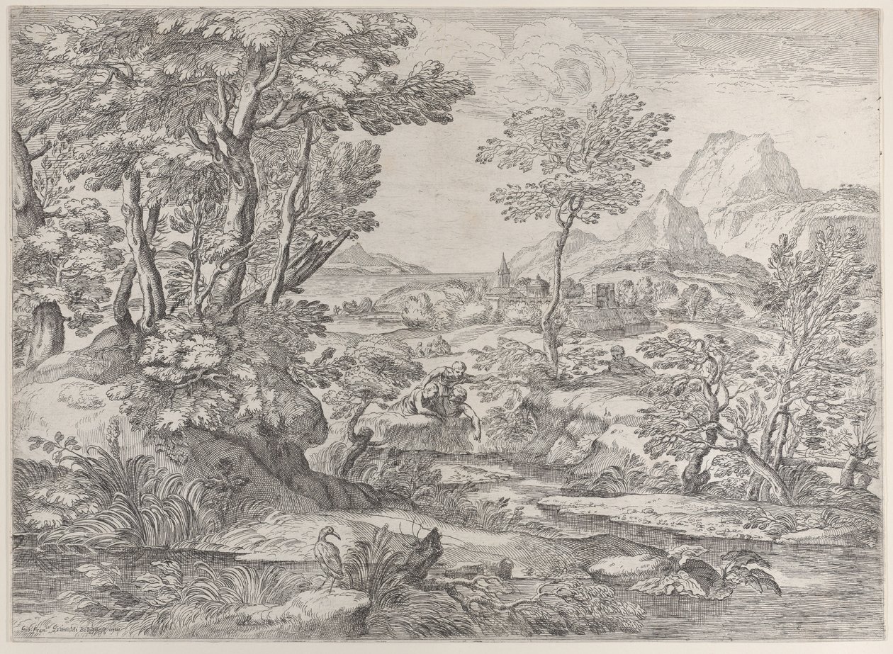 ثلاثة أولاد في منظر طبيعي مع بلدة في الخلفية ، 1626-1680. بواسطة جيوفاني فرانشيسكو جريمالدي