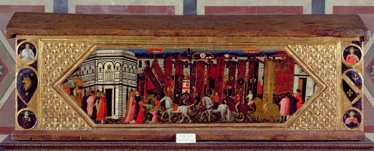 تم تزيين Cassone بمشهد Palio of S. Giovanni (درجة الحرارة على اللوحة) بواسطة جيوفاني فرانشيسكو توسكاني