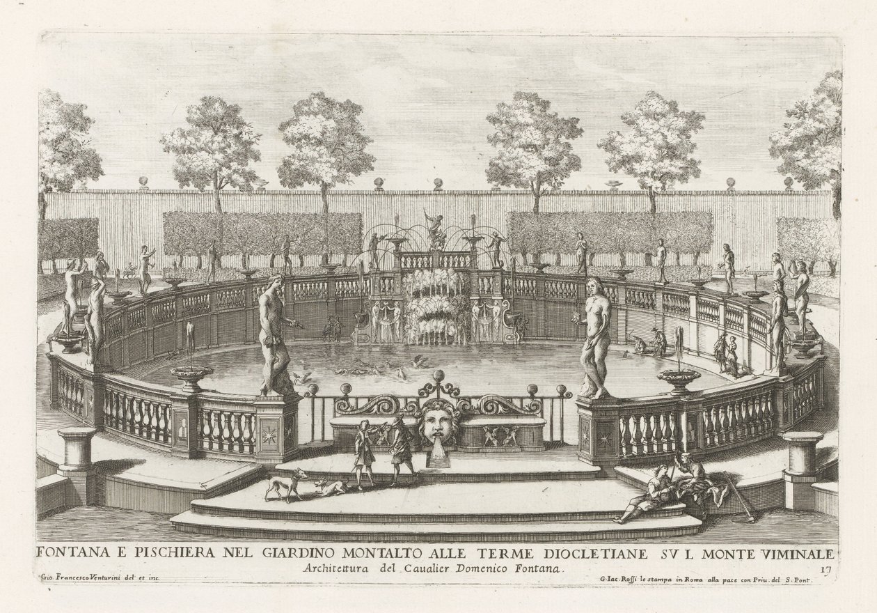 نافورة وبركة أسماك في حدائق فيلا مونتالتو في روما Fontana e pischiera nel giardino Montalto alle Terme Diocletiane (...] (العنوان على الكائن) Le Fontane ne Palazzi e ne giardini di Roma (عنوان المسلسل) نوافير في قصور وحدائق رو بواسطة جيوفاني فرانشيسكو فينتوريني