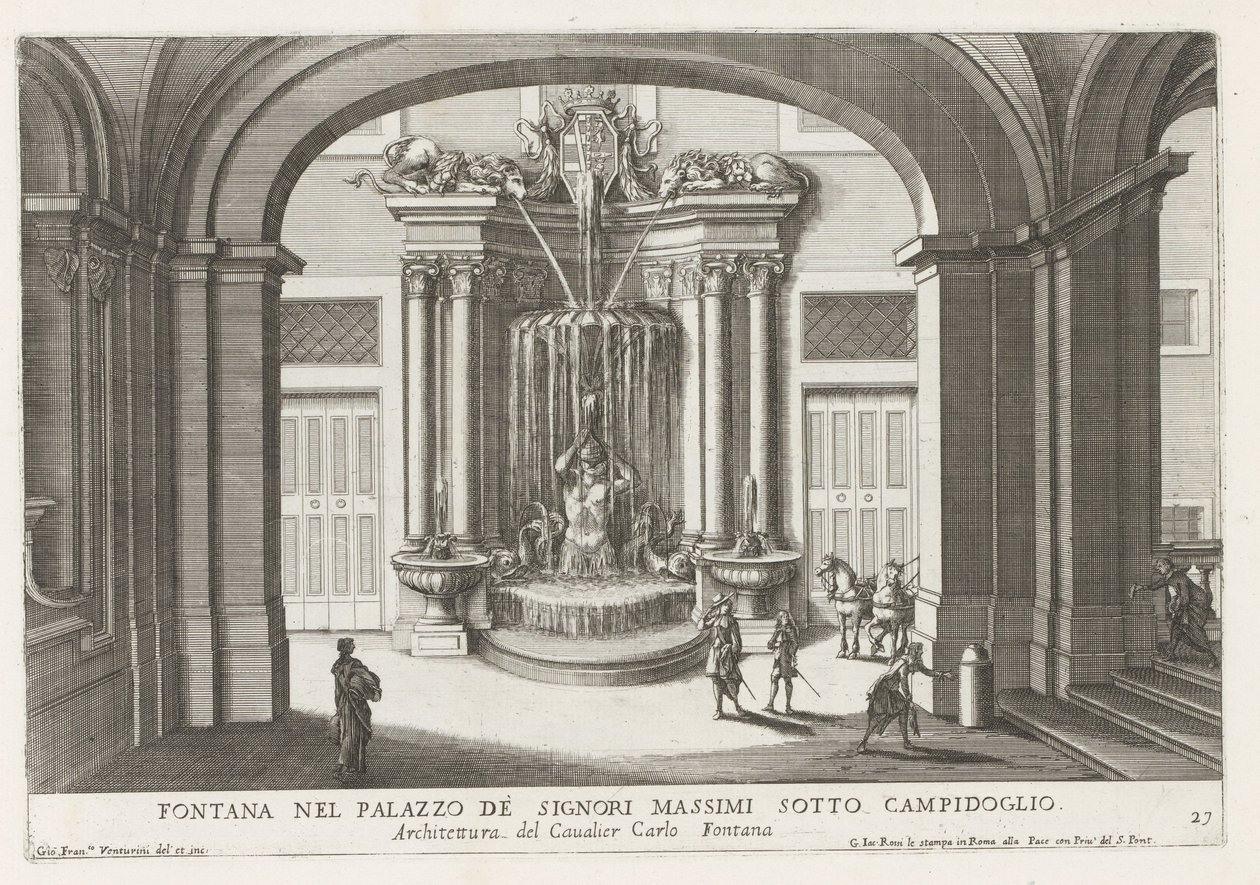 فونتين في de binnenplaats van het Palazzo Massimo di Rignano te Rome نافورة في Palazzo dei Signori Massimi تحت Campidoglio (العنوان على الكائن) النوافير في قصور وحدائق روما (عنوان السلسلة) Fonteinen in de paleizen en tuinen van Rome (جادة بواسطة جيوفاني فرانشيسكو فينتوريني