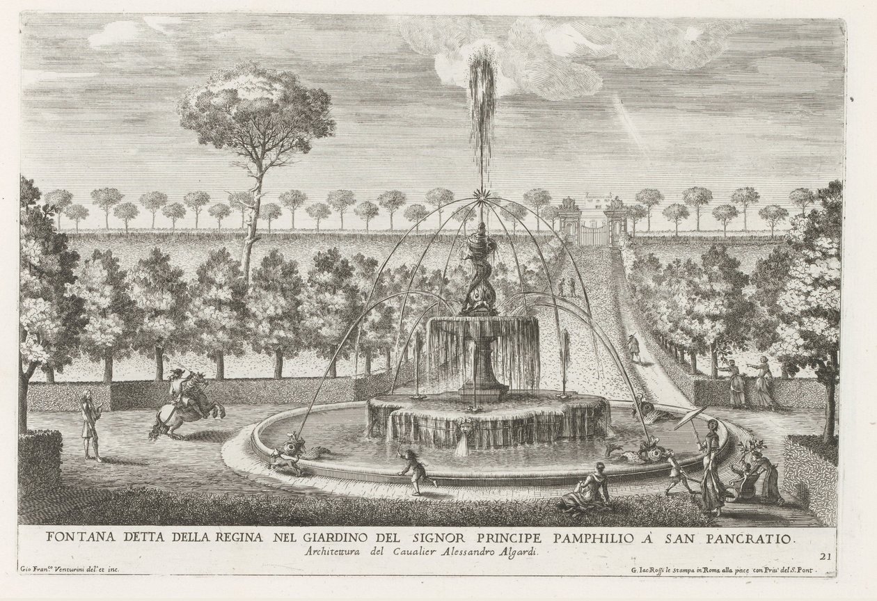 Fontein in de tuinen van Villa Doria Pamphilj te Rome نافورة معروفة باسم الملكة في حديقة الأمير بامفيليو في سان بانكراتيو (العنوان على القطعة) النوافير في قصور وحدائق روما (عنوان السلسلة) Fonteinen in de paleizen en tuinen v بواسطة جيوفاني فرانشيسكو فينتوريني