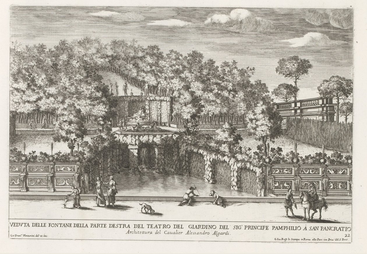 Fontein in de tuinen van Villa Doria Pamphilj te Rome منظر للنوافير على الجانب الأيمن من مسرح الحديقة (...) (العنوان على الكائن) النوافير في قصور وحدائق روما (عنوان السلسلة) Fonteinen in de paleizen en tuinen van Rome (سلسلة بواسطة جيوفاني فرانشيسكو فينتوريني