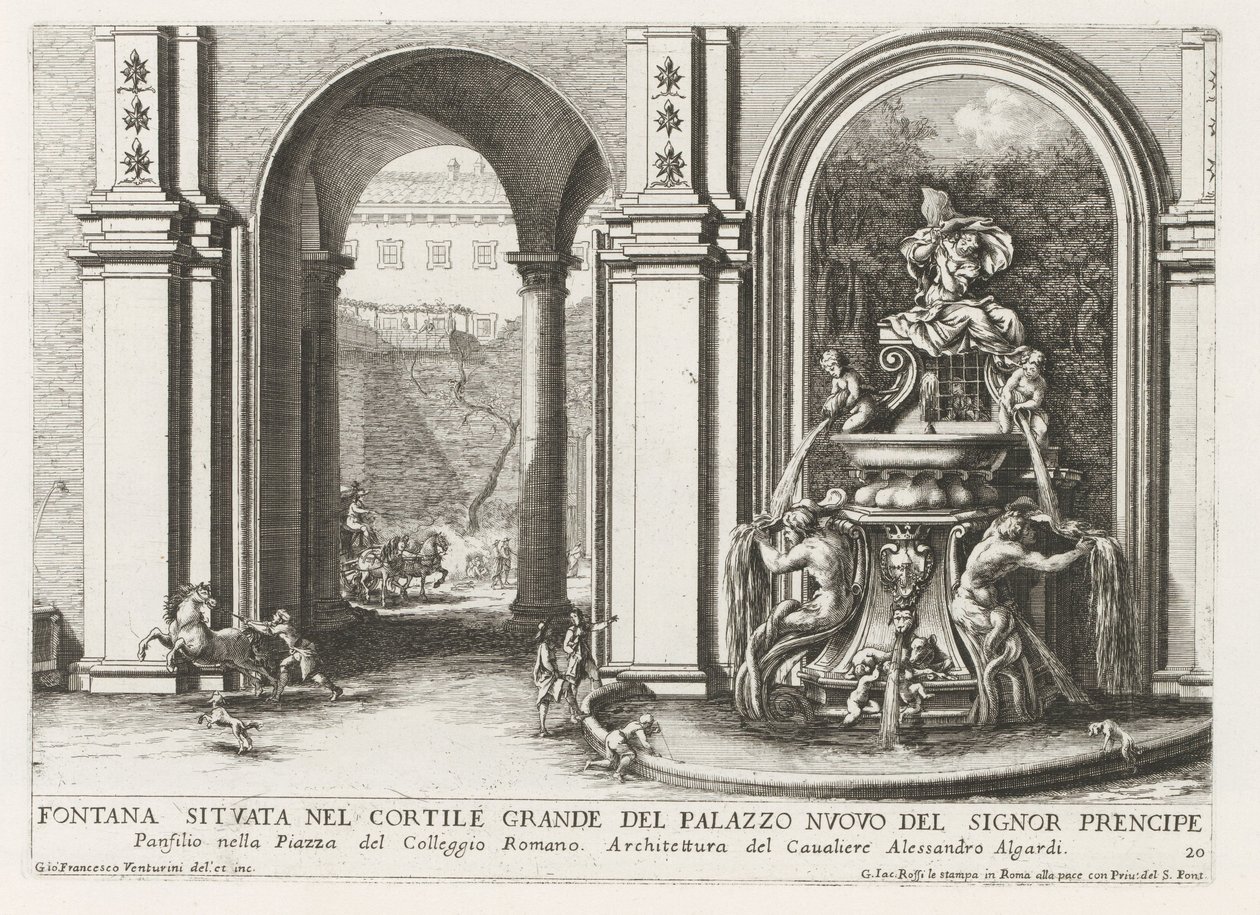 Fontein في binnenplaats van het Palazzo Doria Pamphilj te Rome نافورة تقع في الفناء الكبير في Palazzo Nuovo of the Prince (...] (العنوان على الكائن) النوافير في قصور وحدائق روما (عنوان السلسلة) Fonteinen in de paleizen en tu بواسطة جيوفاني فرانشيسكو فينتوريني