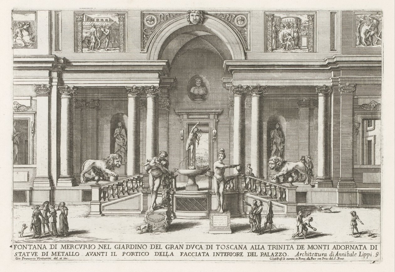 Loggia en tuin van de Villa Medici في روما نافورة عطارد في حديقة دوق توسكانا الأكبر في Trinita de Monti (...) (العنوان على الكائن) النوافير في قصور وحدائق روما (عنوان السلسلة) Fonteinen in de paleizen en tuinen van Rome (se بواسطة جيوفاني فرانشيسكو فينتوريني