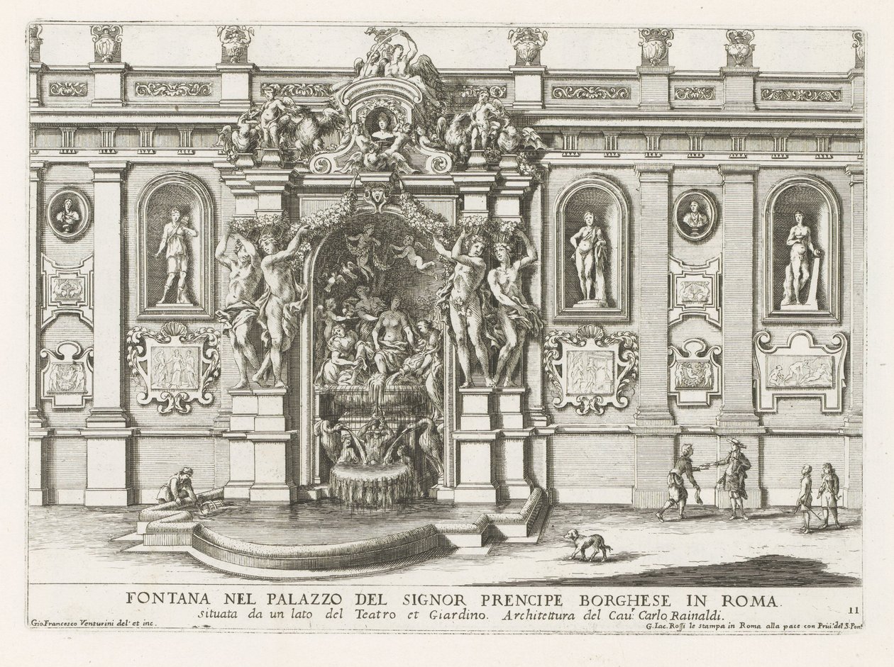 Nymphaeum في binnenplaats في Palazzo Borghese في روما نافورة في قصر الأمير بورغيزي في روما (...) (العنوان على الجسم) النوافير في قصور وحدائق روما (عنوان السلسلة) Fonteinen in de paleizen en tuinen van Rome (سلسلة بواسطة جيوفاني فرانشيسكو فينتوريني