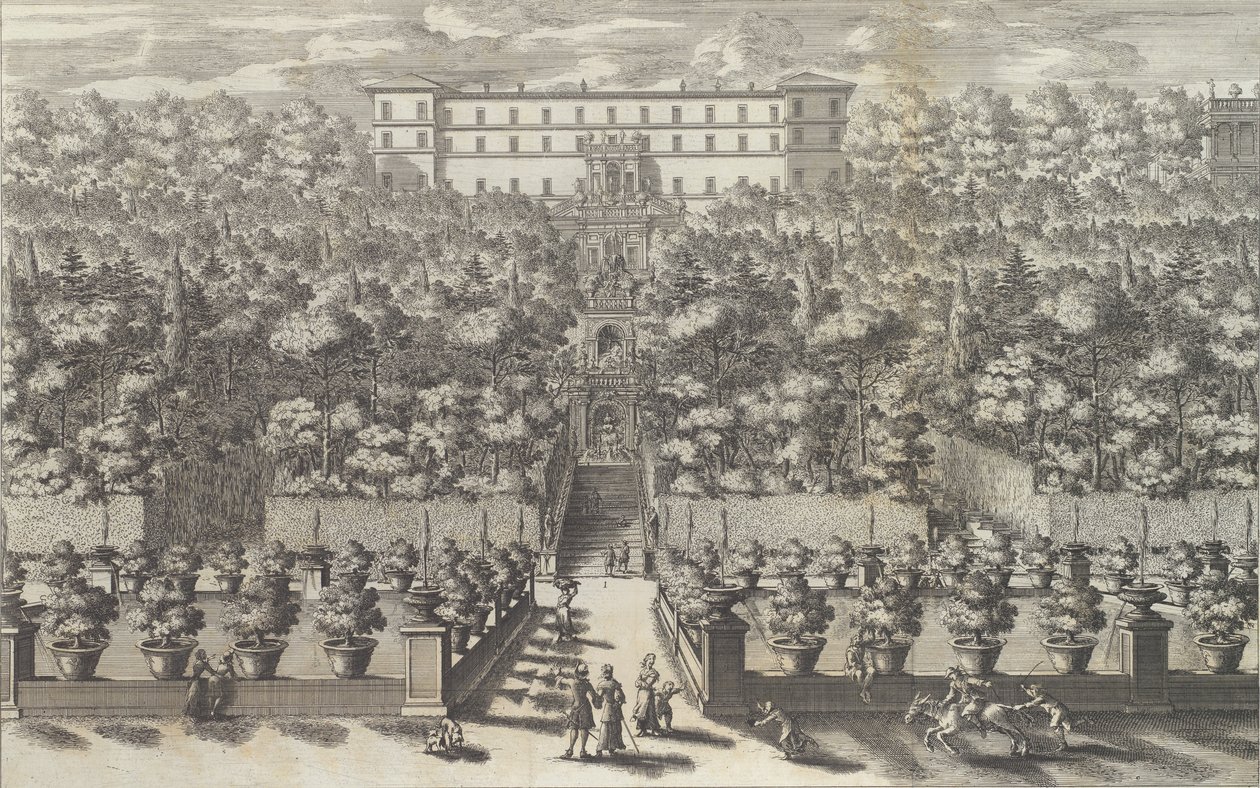 منظر للقصر من طابق الحديقة مع نوافيرها ... 1691 أو ما بعده. بواسطة جيوفاني فرانشيسكو فينتوريني