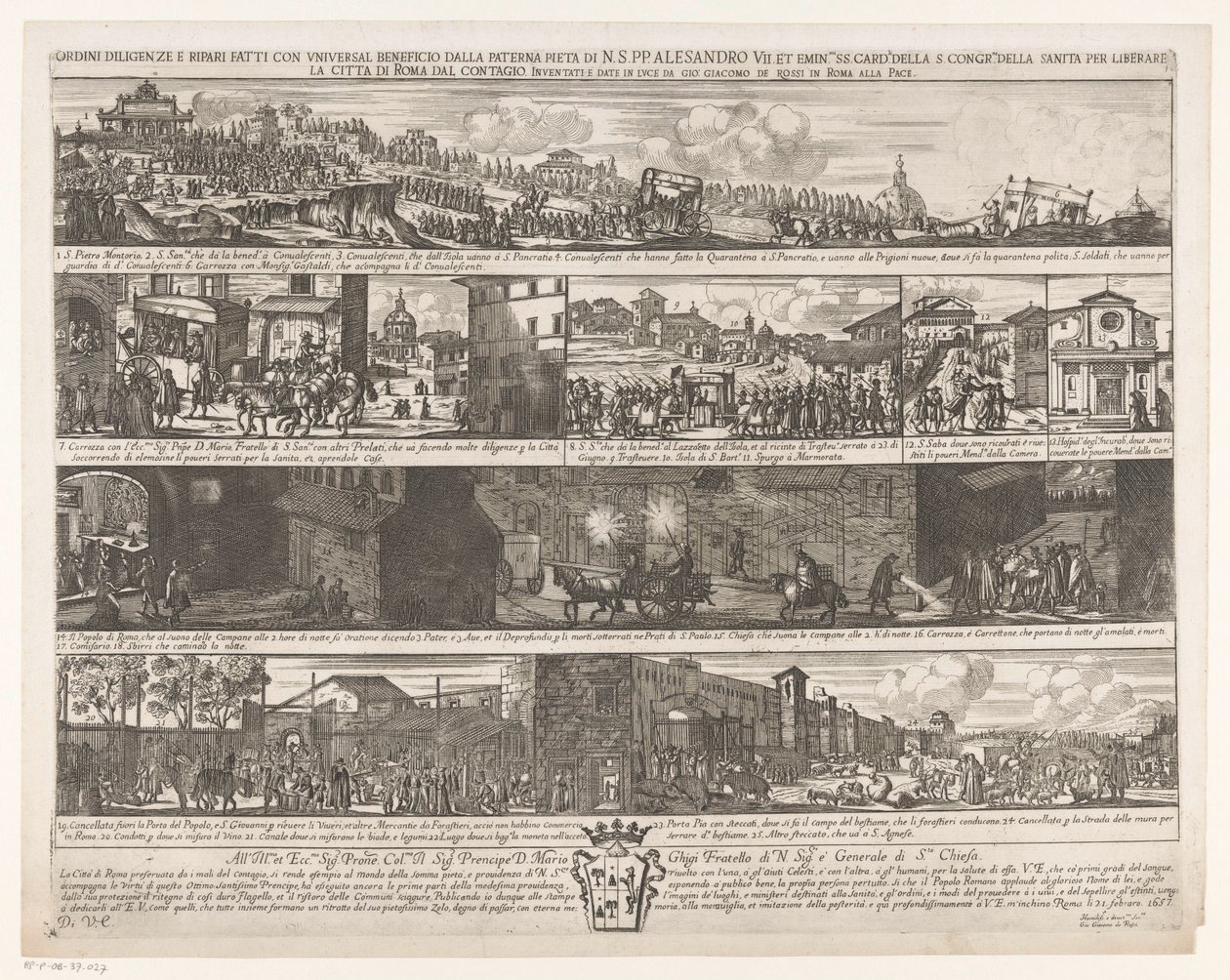Optocht om Rome vrij te maken van de pest أوامر الاجتهاد والإصلاحات التي تتم بمنفعة عالمية من الحجر الأبوي لـ N. S. PP. الكسندر السابع. وآخرون emin.mi SS. card.li of the Holy Congr.me della Sanità لتحرير مدينة روما من العدوى (العنوان على o بواسطة جيوفاني جياكومو دي روسي