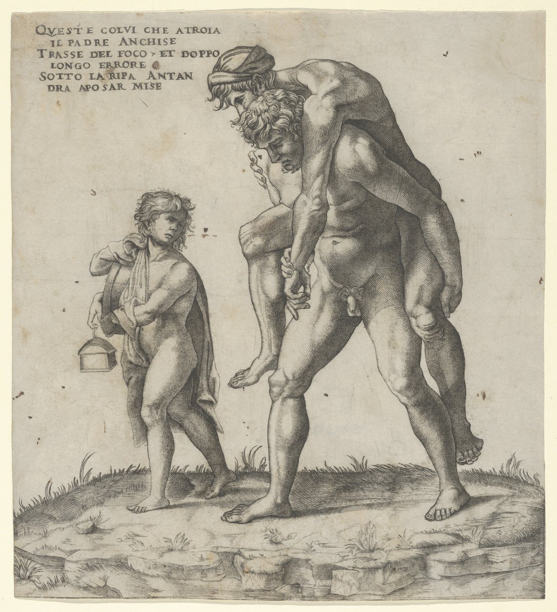 إينياس ينقذ Anchises ، صبي صغير يحمل فانوسًا إلى اليسار ، كاليفورنيا. 1525. ، كاليفورنيا. 1525. بواسطة جيوفاني جاكوبو كاراجليو
