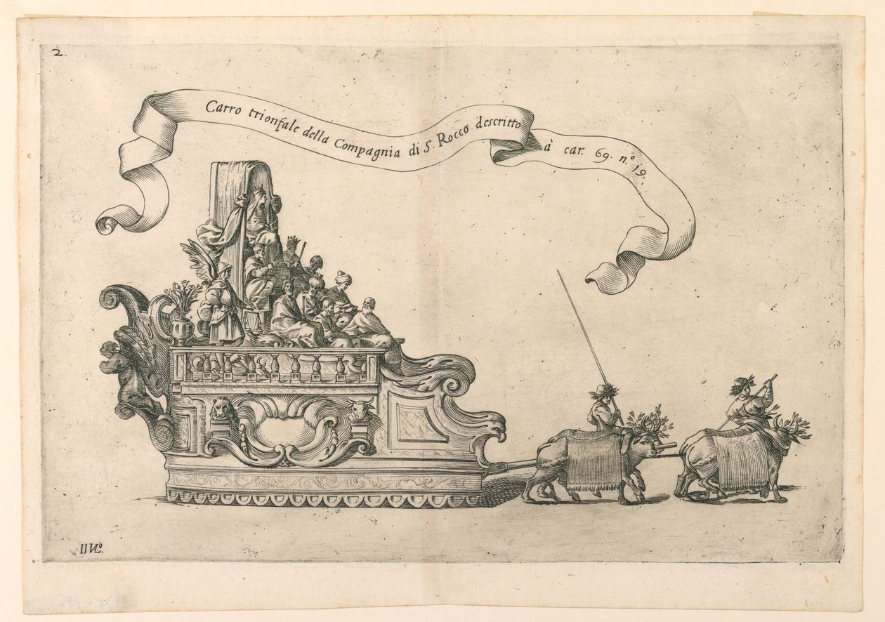 موكب عائم في ريجيو ، إيطاليا: "Carro triumphal della Compagnia di S. Rocco" (عربة النصر التابعة لشركة سانت روش). اللوحة 2 ب من A. Isacchi ، "تقرير بقلم ألفونسو إيساشي عن أصل مادونا ووقارها وترجمتها ومعجزاتها بواسطة جيوفاني لويجي فاليسيو