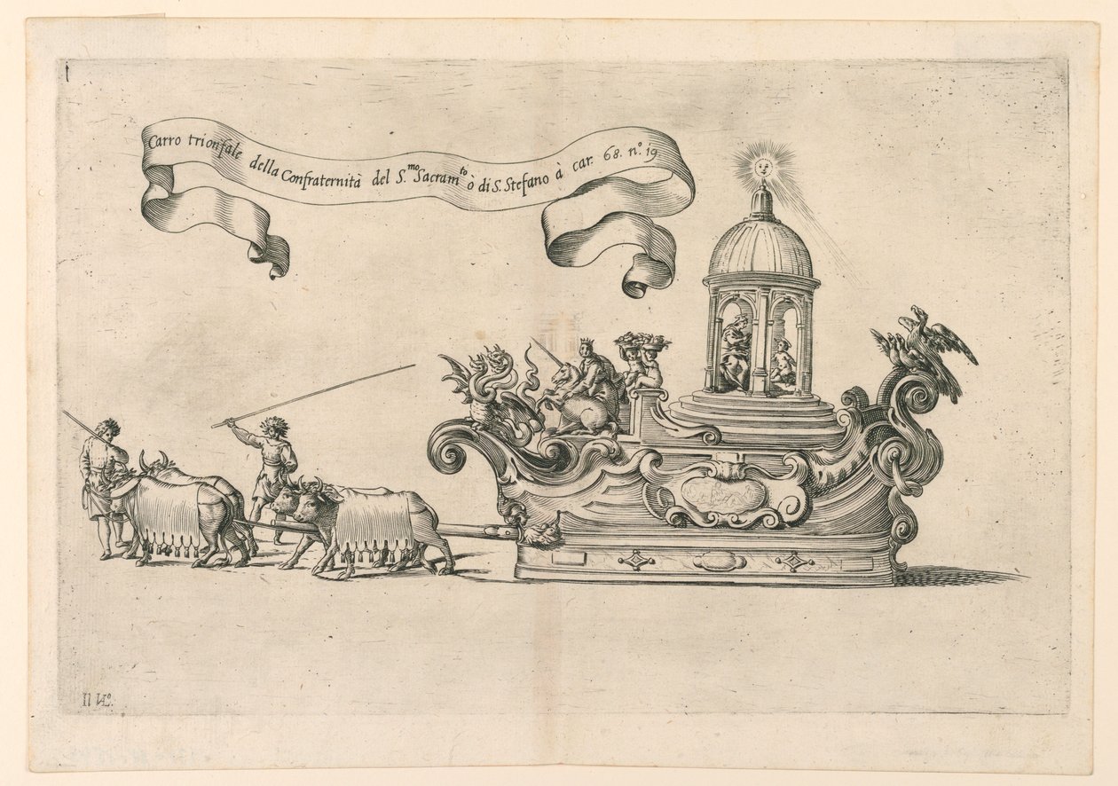 موكب عائم في ريجيو ، إيطاليا: "Carro triumphal della Confraternità del S. to Sacrame.to di S. Stefano" (عربة النصر لأخوية القديس ستيفن المقدس). لوحة 2 أ من A. Isacchi ، "علاقة ألفونسو Isachi حول أو بواسطة جيوفاني لويجي فاليسيو